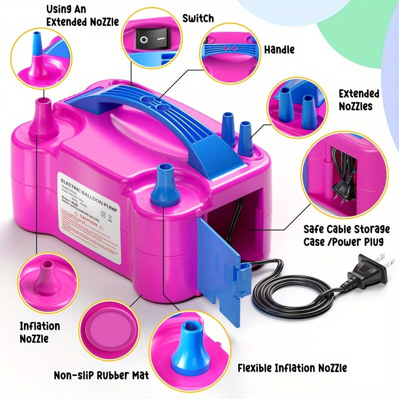 Electric Balloon Pump Double Nozzle 600W – Portable Fast Balloon Blower Inflator for Party Decoration, Birthday, Wedding & Events, 110V-120V, Multiple Colors with Optional Balloon Kit (Green, Rose Red, Pink, Blue, Orange)