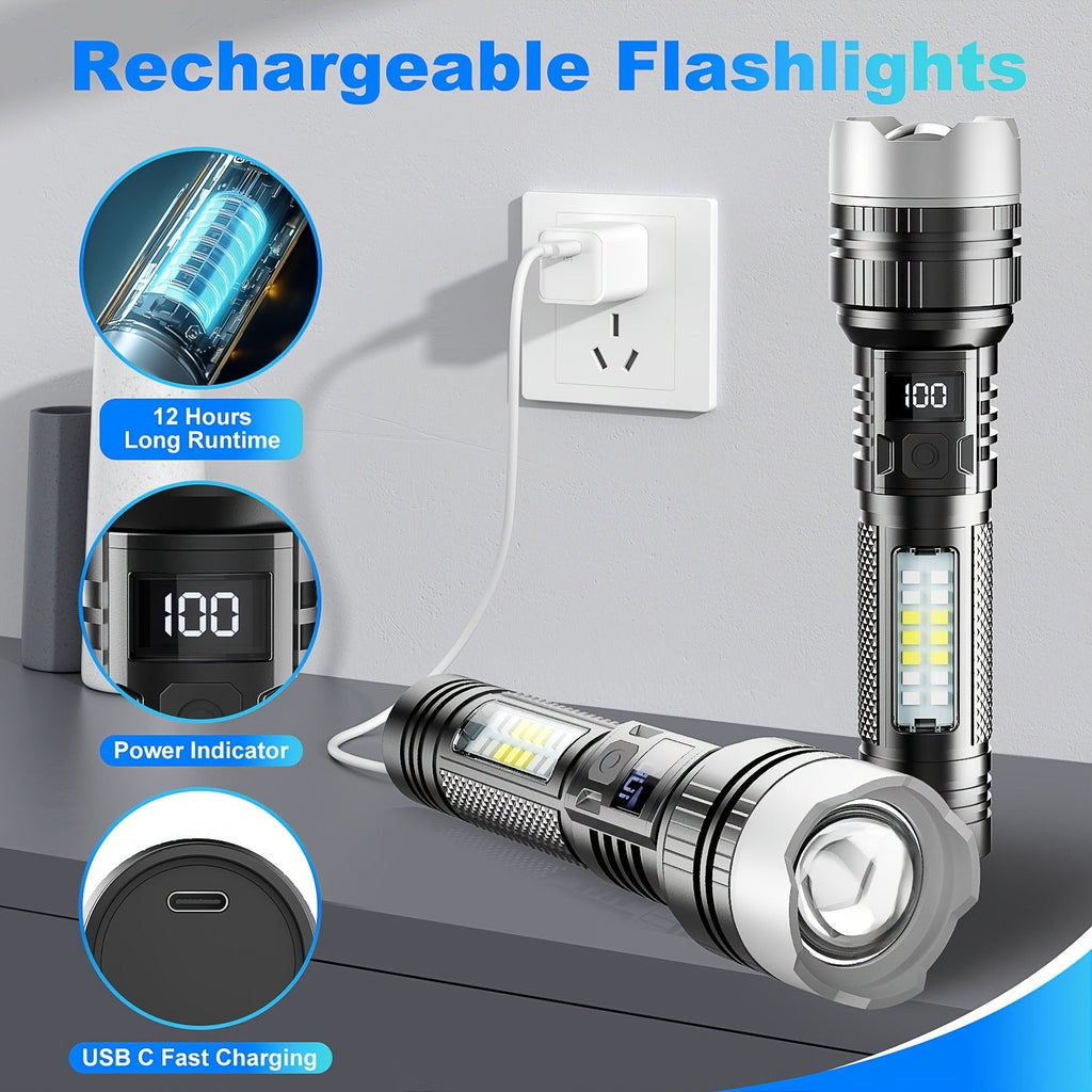 Rechargeable LED Flashlight 2000 Lumens – 2 Pack, 5 Modes, COB Side Light, 200M Beam Range, USB-C Charging, Durable ABS Torch for Camping Emergency Outdoor Use