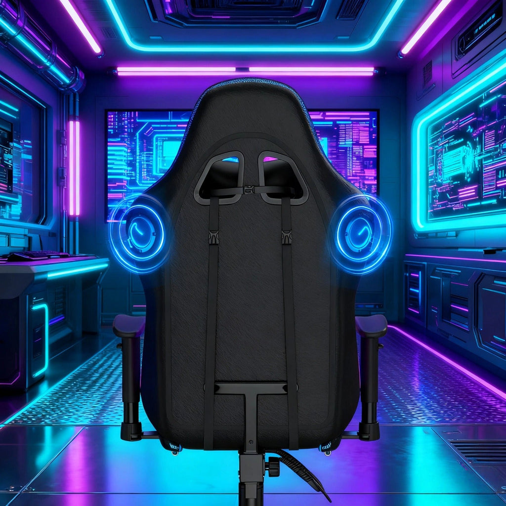 Gaming Chair with Massage and Bluetooth Speaker – RGB LED Lights, 135° Reclining with Footrest, 7-Point Vibration, 3D Adjustable Arms, 360° Swivel, Heavy Duty 400 lbs Big & Tall Ergonomic Chair, Blue Black