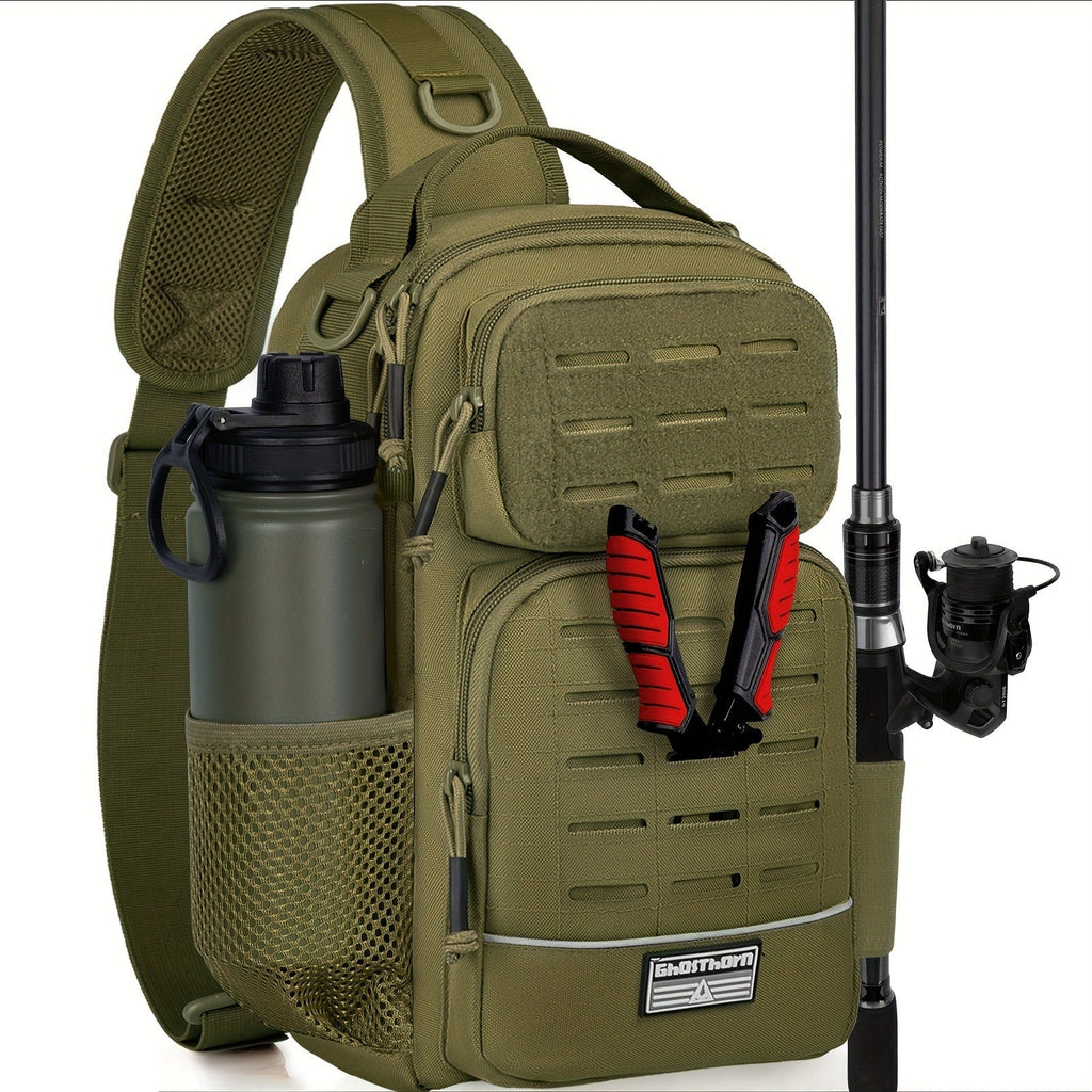 Camouflage Fishing Shoulder Bag with Zipper – Tactical Outdoor Gear Bag for Fishing Tackle, Hunting & Camping, Multi-Pocket Crossbody Bag, Available in Green Camo, Black Camo, Black & Khaki, Gift Box Option