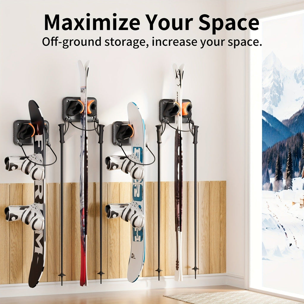 Wall-Mounted Ski & Sports Equipment Storage Rack – Heavy Duty Garage Organizer Hook Set, Holds Up to 100 lbs, Space-Saving Wall Mount for Skis, Poles, Tools & Household Items, Home & Garage Use, 4-Pack