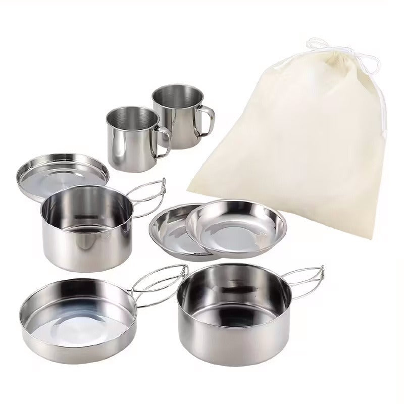 Camping Tableware Set 8 Piece Stainless Steel – Portable Outdoor Dining Set with Foldable Handle Plates, Cups & Utensils | Lightweight Camping Cookware for 2-3 People, Picnic, BBQ & Hiking
