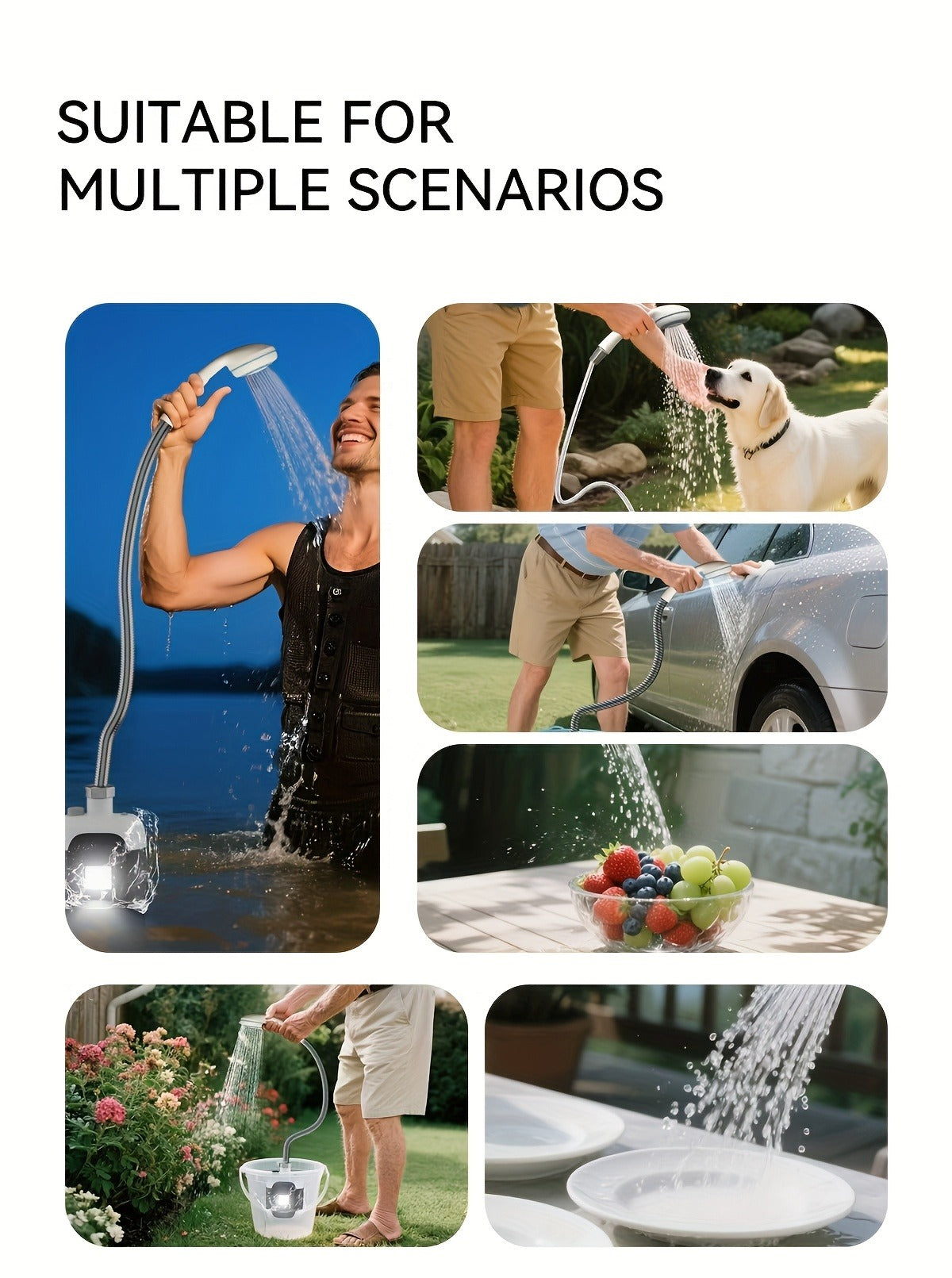 Portable Outdoor Shower with Light 2-in-1 – 2000mAh Rechargeable, Power Display, Spray Nozzle, Hose & Suction Cup – Camping, Hiking, Pet Bathing & Car Cleaning Shower Pump