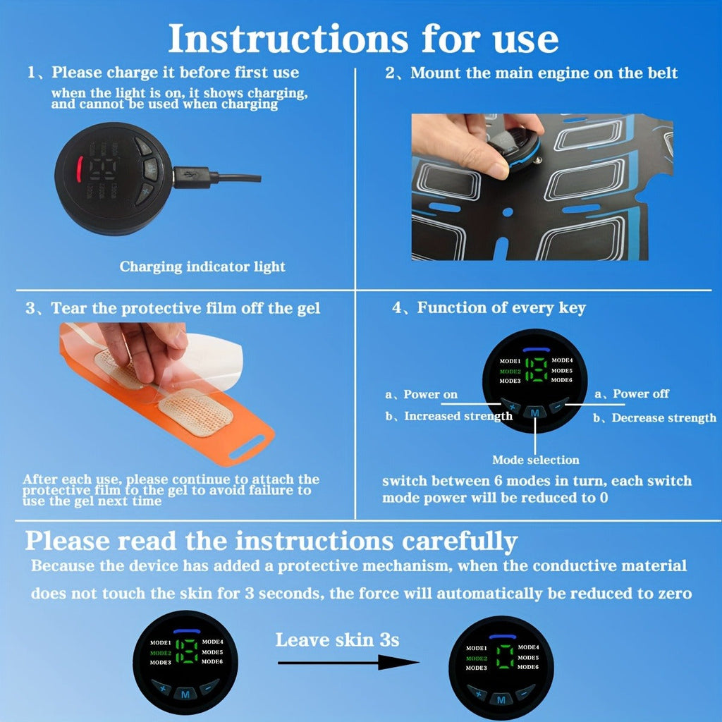 EMS Muscle Stimulator Fitness Belt 3-Piece Set 6 Modes 18 Intensity Levels USB Rechargeable Full Body Relaxation Massager