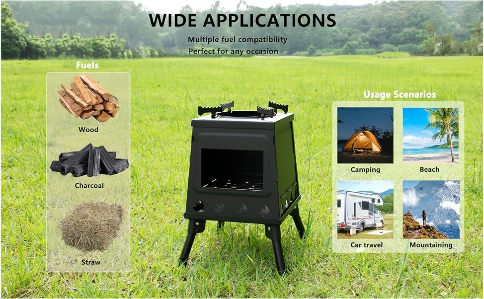 Wood Burning Campfire Stove – Heavy Duty Outdoor Camp Stove with Sturdy Legs & Air Vents for Hiking Backpacking Picnic BBQ Travel