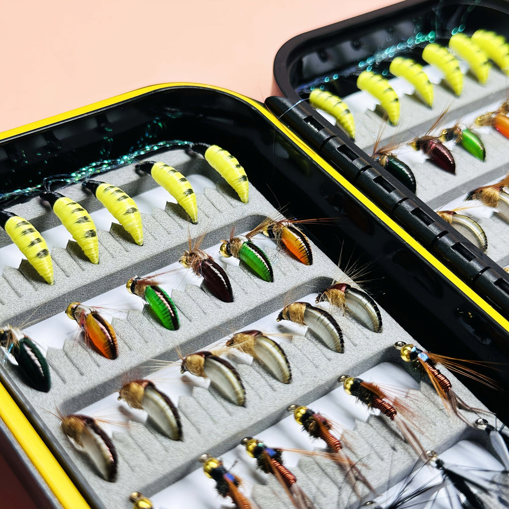 Fly Fishing Lures 72pcs Dry & Wet Flies Assortment with Fly Box - Hand-Tied 6 Patterns for Trout, Bass & Salmon, Biomimetic Bait, Fisherman Gift