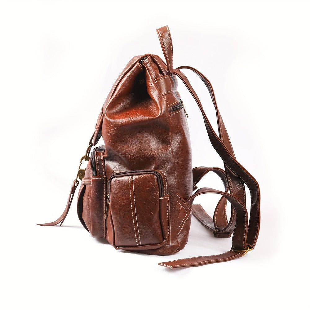 Vintage PU Leather Backpack Shoulder Satchel Multi-Carry Water Resistant Geometric Pattern Zipper Adjustable Strap for Men Women School Travel
