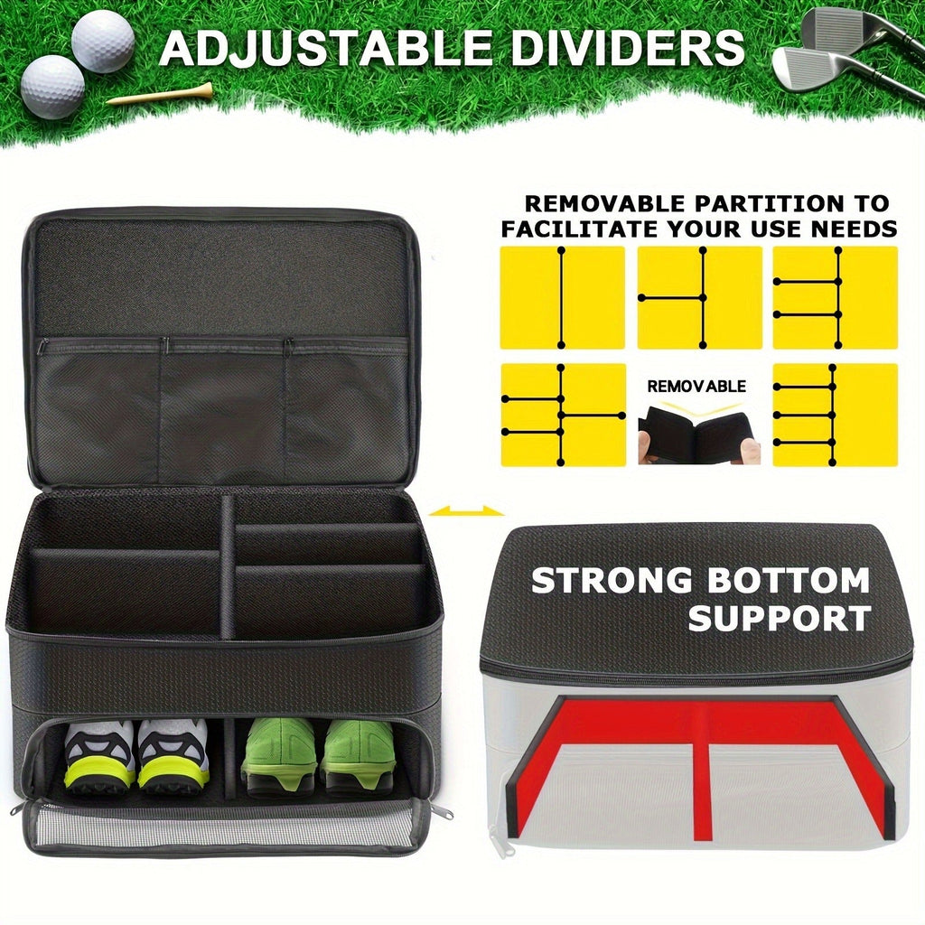 Golf Organizer Storage Box with Compartments and Mesh Pockets Durable Golf Accessory Case for Golf Balls Shoes Gloves Tees and Essentials