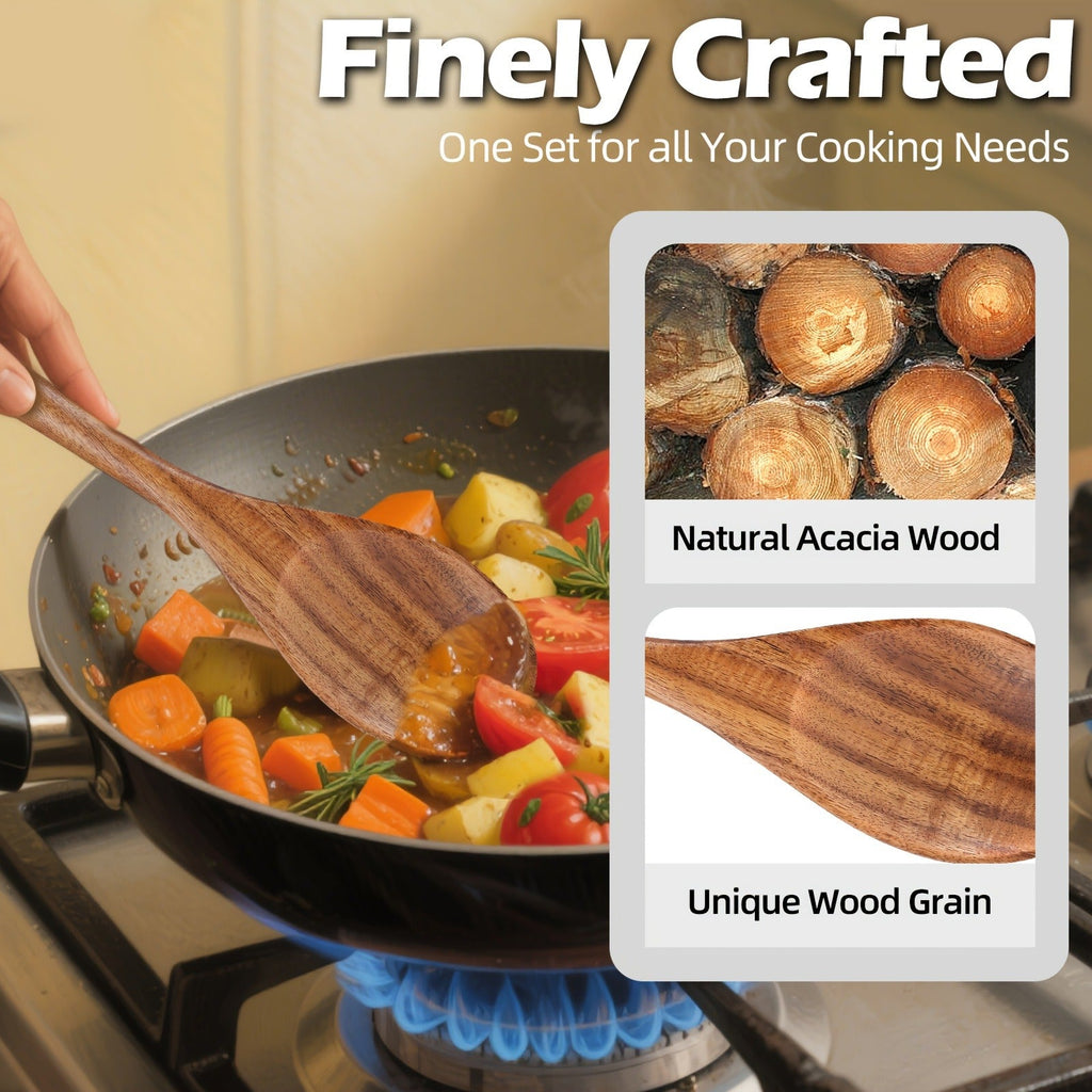 Wooden Cooking Utensils Set 6 Piece – Teak Wood Non-Stick Kitchen Tools with Comfortable Grip | Sturdy, Lightweight & Heat-Resistant Utensils for Indoor & Outdoor Cooking