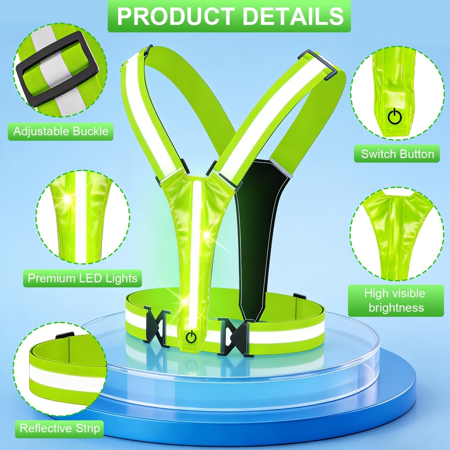 LED Reflective Running Vest – 360° USB Rechargeable Set
