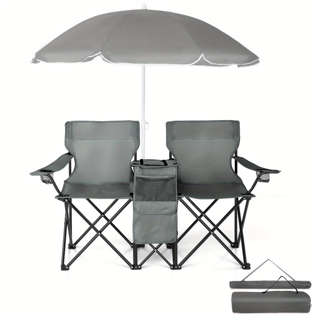 Folding Fishing Chair with Sun Umbrella – 2-Seat Portable Outdoor Chair, Iron Alloy Frame & Oxford Fabric, Built-In Storage Bag & Carry Bag, for Beach, Patio, Camping & Sunbathing, 4 Colors