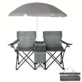 Folding Fishing Chair with Sun Umbrella – 2-Seat Portable Outdoor Chair, Iron Alloy Frame & Oxford Fabric, Built-In Storage Bag & Carry Bag, for Beach, Patio, Camping & Sunbathing, 4 Colors