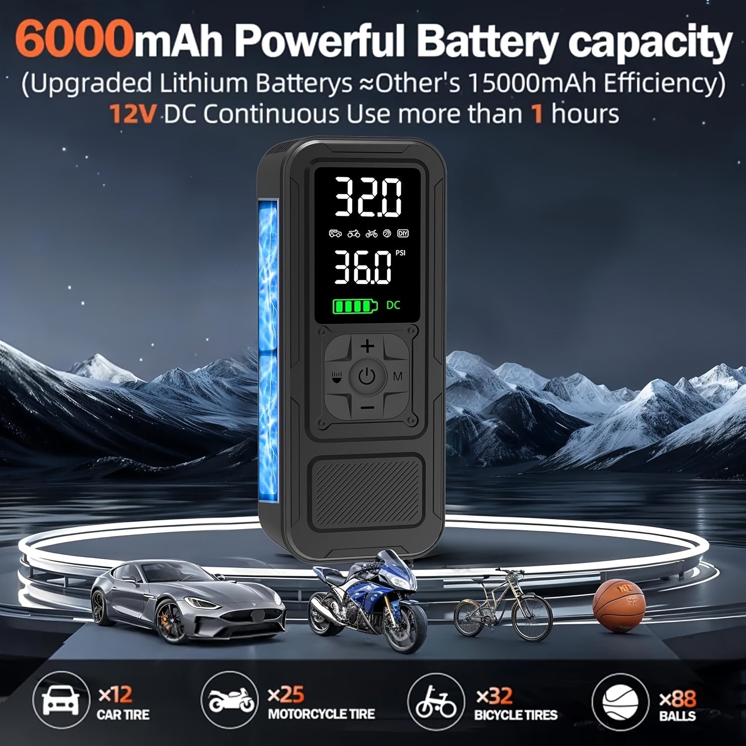 Cordless Tire Inflator Portable Air Compressor – 160PSI 5X Faster Inflation, Digital Pressure Gauge & LED Light, Wireless Air Pump for Car, Motorcycle, Bike & Ball, Compact Auto Tire Pump