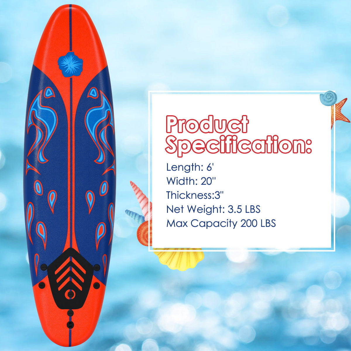 Foam Surfboard 6ft Beginner Surfboard EPE Deck EPS Core 3 Detachable Fins Safety Leash 200lbs for Kids Adults Ocean Beach River Pool Yellow White Red