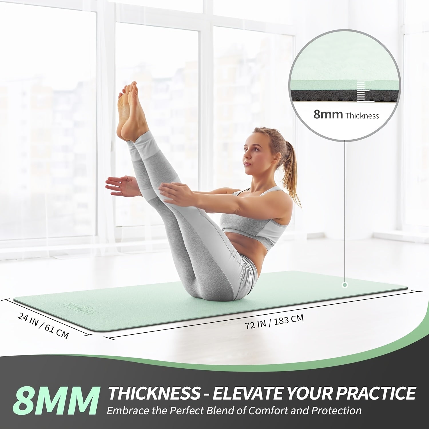 TPE Yoga Mat Non-Slip 72 x 24 Inch – Eco-Friendly Exercise Mat with Carrying Strap for Women & Men, Extra Thick Cushioning for Yoga, Pilates, Stretching & Floor Workouts