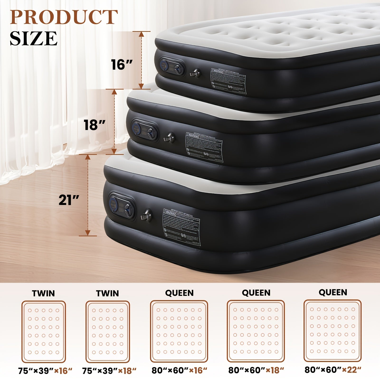 Inflatable Air Mattress with Built-In Pump - Double Height Adjustable, Non-Slip Bottom, Low Noise, 660 Lbs Capacity, Twin & Queen Sizes 16"/18"/22", for Outdoor Camping, Indoor Guest Bed, Backyard & Yard Use