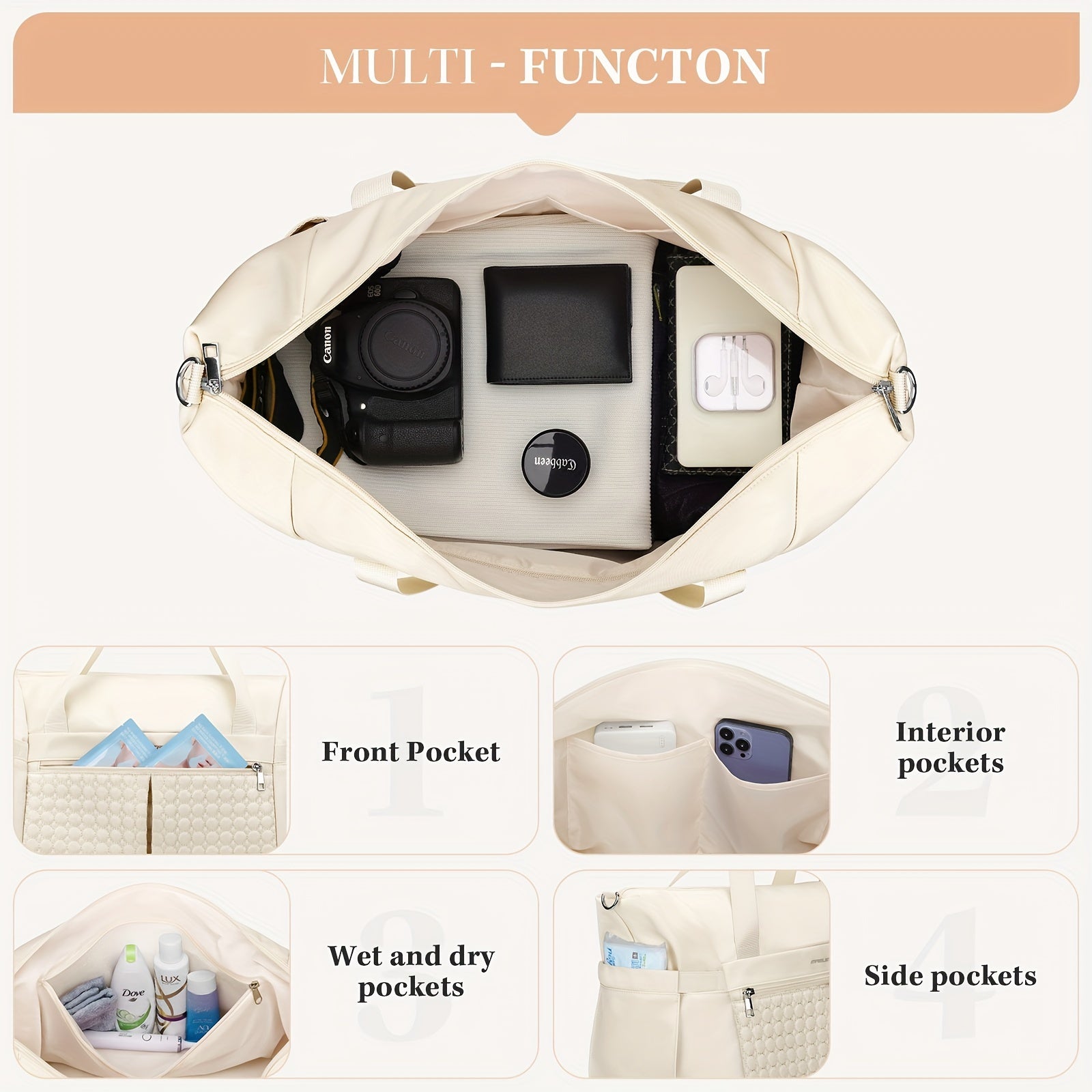 Gym Bag Women 40L Duffel Bag with Shoe Compartment Wet Pocket Polyamide Weekender Travel Tote for Gym Yoga Swimming Hospital Sports Beige