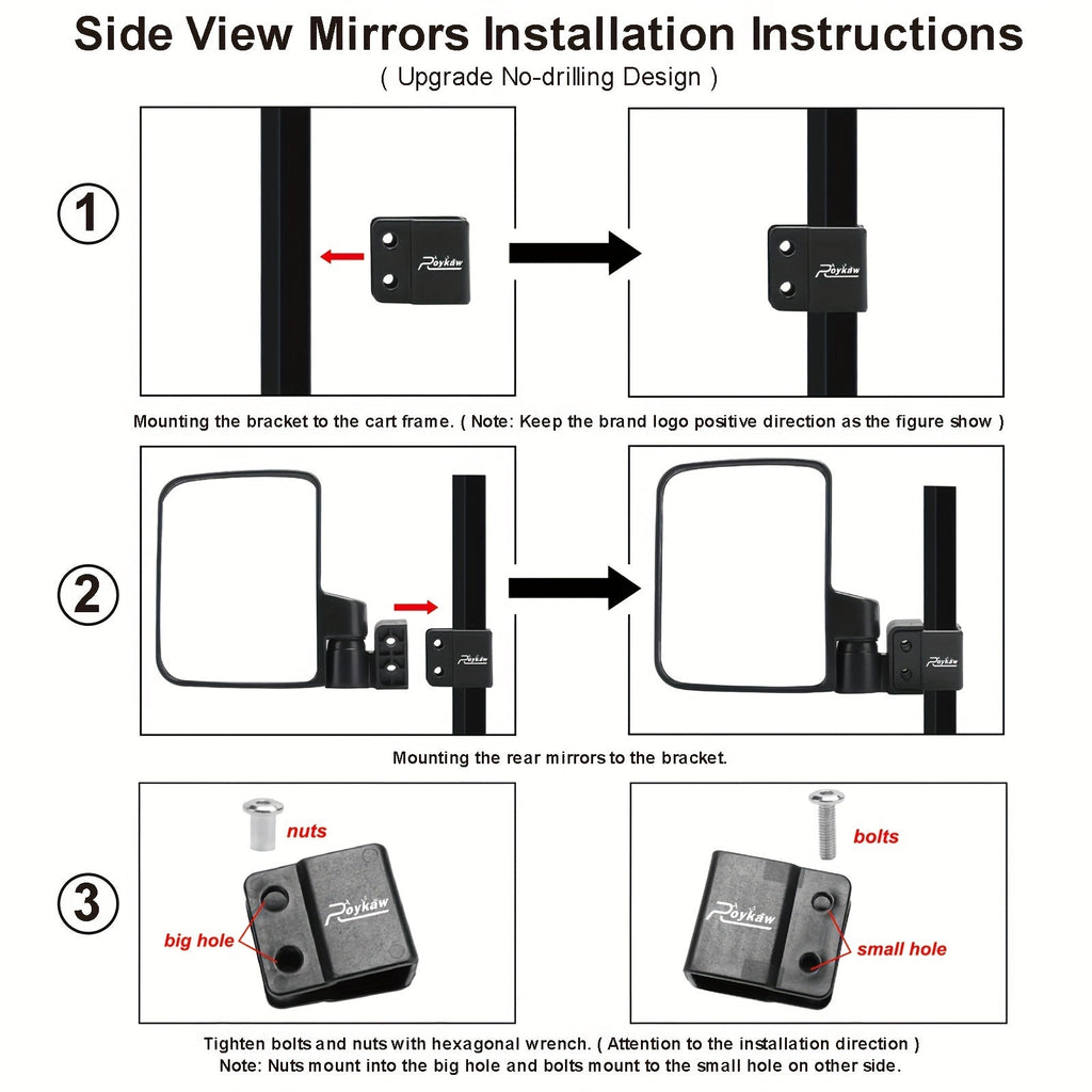 Convex Golf Cart Side Rear View Mirror for EZGO Club Car Yamaha G29 Square Frame – No Drilling Easy Install Wide Angle Blind Spot Mirror