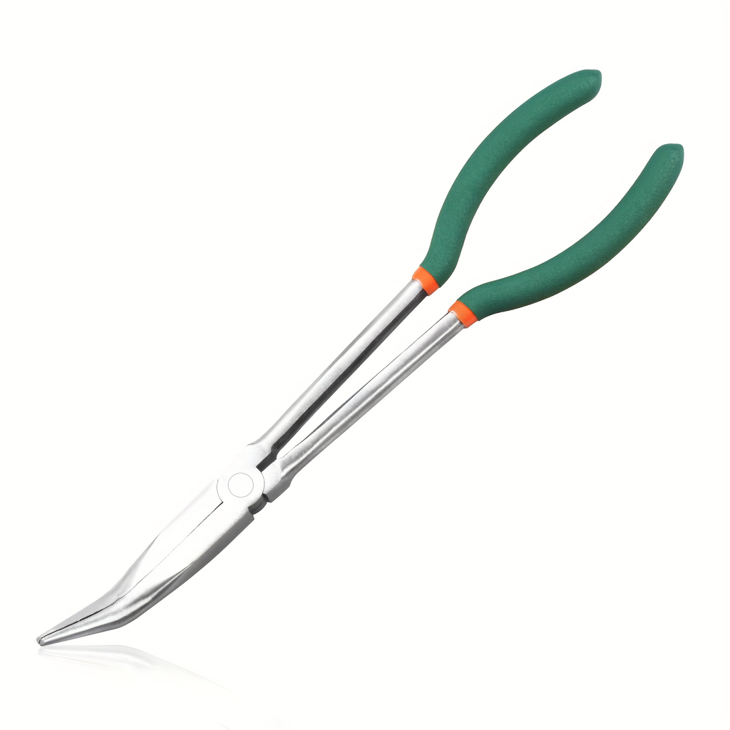 Long Nose Fishing Pliers 11 Inch 45-Degree Angle Bent Tip – O-Ring Hook Remover Needle Nose Pliers for Saltwater Freshwater Fishing, Non-Slip Handle, Lightweight Angler Tool, Orange & Green