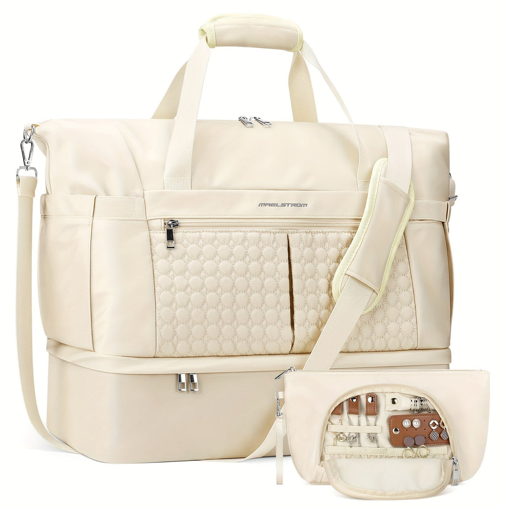 Gym Bag Women 40L Duffel Bag with Shoe Compartment Wet Pocket Polyamide Weekender Travel Tote for Gym Yoga Swimming Hospital Sports Beige
