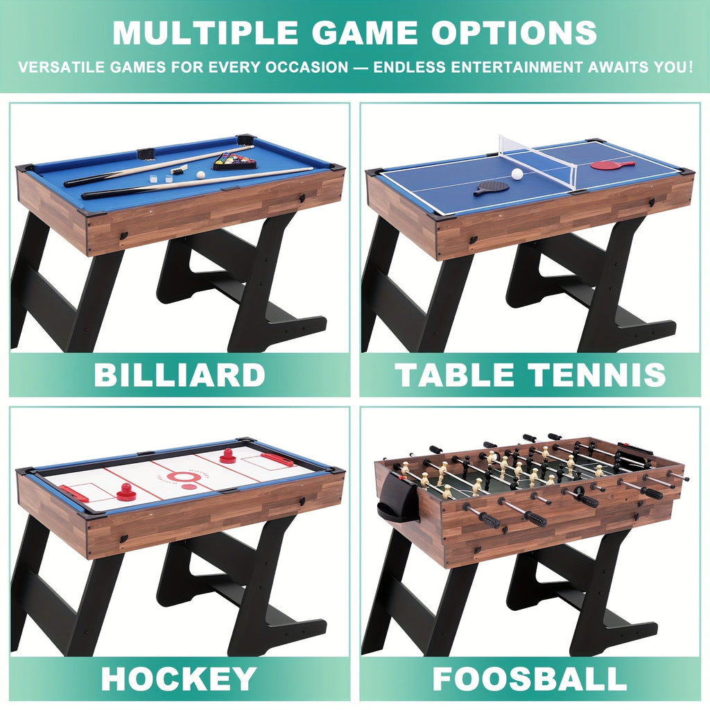 4-in-1 Multi-Game Table 54 Inch Foldable – Table Tennis, Air Hockey, Billiards & Foosball – Combo Game Table for Adults, Families & Game Rooms, Gray or Wood Grain