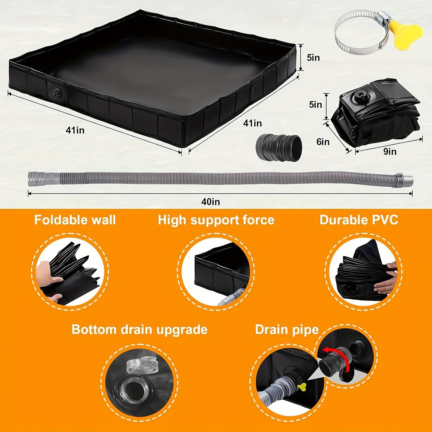 Foldable Shower Base 41"x41" Portable Shower Pan with Drain Pipe – Collapsible Shower Basin for Camping Tent, Indoor & Outdoor Use, Black – Includes Back Scrubber