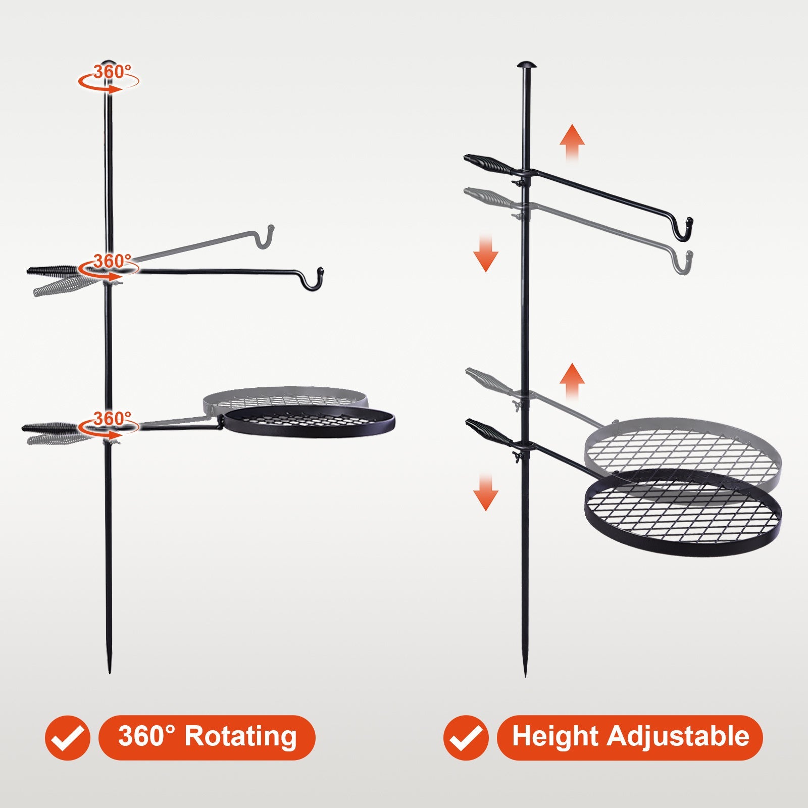 Campfire Grill Grate with Hanging Pole – Height Adjustable, 360° Rotation, 48" Thick Steel Pole, Swivel Grate Ring for Kettle, Dutch Oven & Pan – Portable Open Fire Cooking Grill for Camping & Outdoor