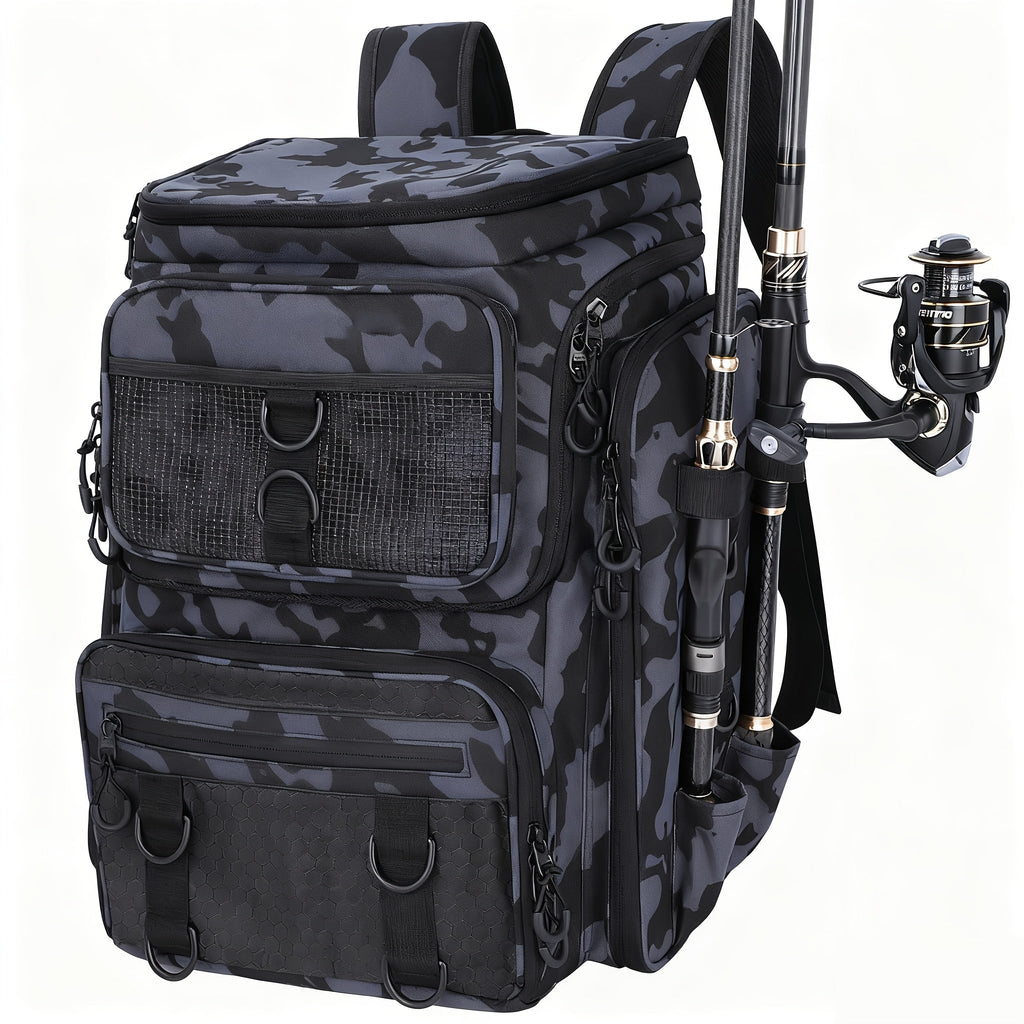 Fishing Backpack with Rod Holder 45L – Large Capacity Outdoor Tackle Bag, Waterproof Travel Shoulder Pack for Fishing Camping Hiking, Multi-Pocket Lure Storage Rucksack with Zipper Closure