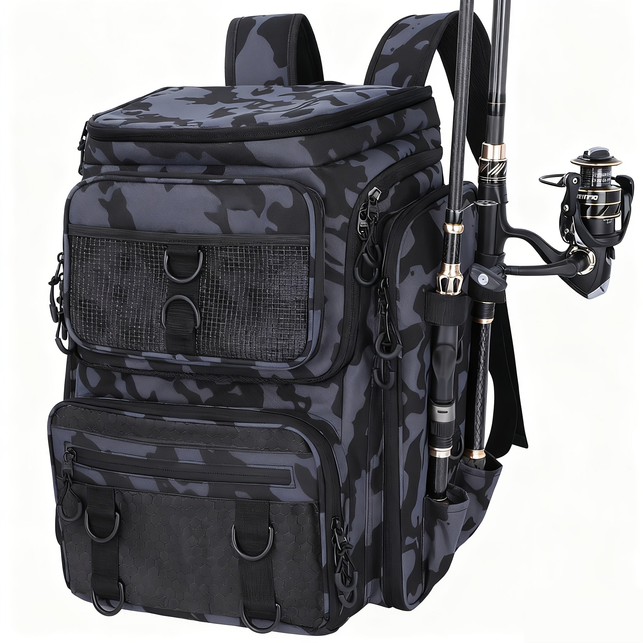 Fishing Backpack with Rod Holder 45L – Large Capacity Outdoor Tackle Bag, Waterproof Travel Shoulder Pack for Fishing Camping Hiking, Multi-Pocket Lure Storage Rucksack with Zipper Closure