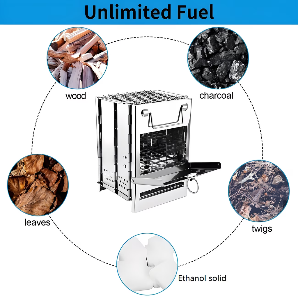 Portable Wood Burning Camp Stove - Stainless Steel Mini Firewood Rocket Stove for Camping, Backpacking & BBQ | Foldable Compact Outdoor Fire Pit Cooker, No Electricity Needed, Lightweight Heat-Resistant Design
