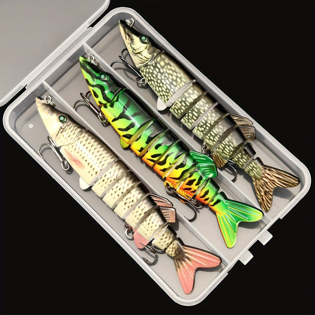 Multi-Jointed Swimbait Fishing Lures for Bass Trout Perch – Slow Sinking Lifelike 3D Eyes ABS Body, Pearl Powder Coating, 8-Section Woven Fabric Jointed Lure Kit for Freshwater & Saltwater, 2 Models (FCP2P-392 / FCP2P-556)