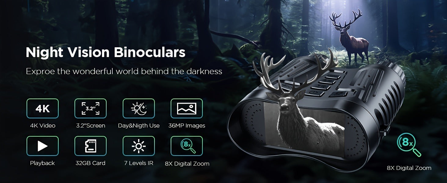 Night Vision Infrared Binoculars 4X Optical 8X Digital Zoom 3.2" LCD