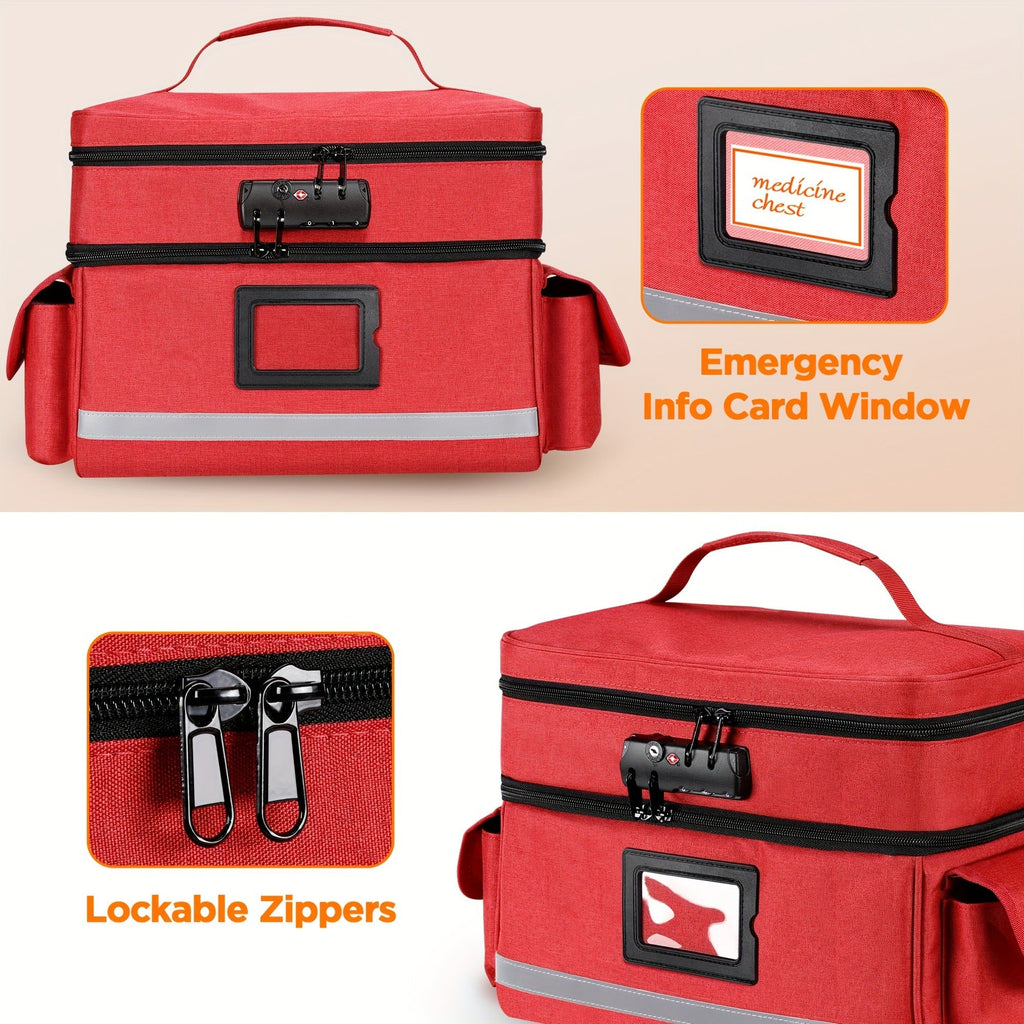 Lockable Medicine Organizer Bag with Combination Lock, Double-Layer Large Capacity Pill Bottle Storage Case for Prescription Bottles First Aid Supplies Home Travel, Portable Medication Carry Bag Red Grey Black