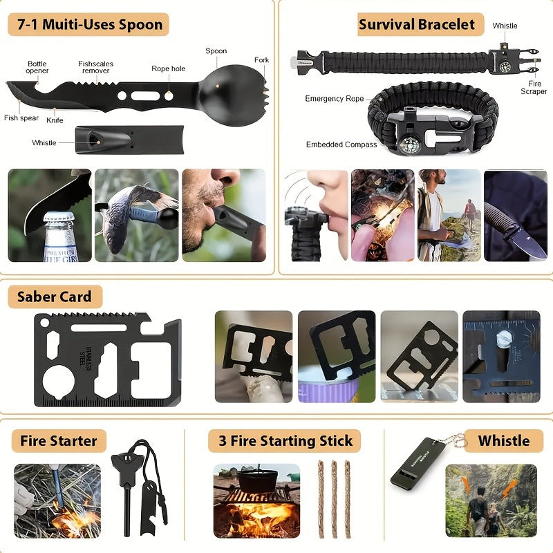 Survival Gear Kit Emergency Tool Set – Outdoor Multifunctional Camping Axe, Survival Shovel & Flint Fire Starter, 12pcs Basic or 158pcs Full Kit for Hiking, Hunting, Earthquake & Outdoor Adventures