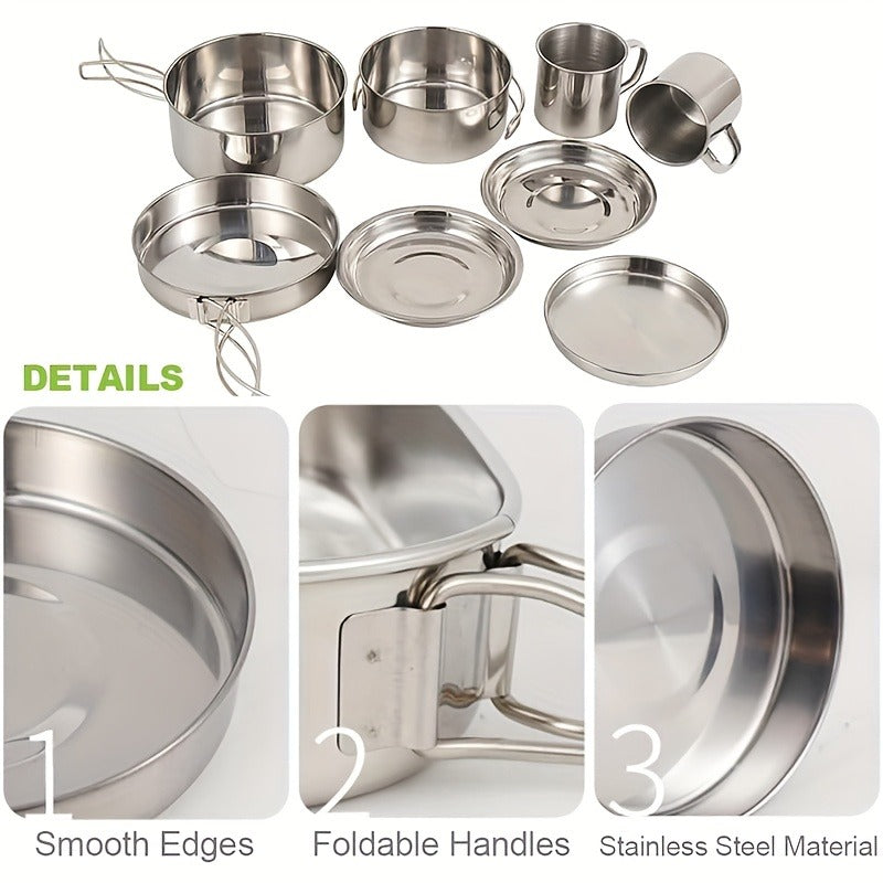 Stainless Steel Camping Cookware Set 8 Piece with Pots Pans Plates Cups and Handles - Lightweight Outdoor Cooking Kit for Camping Hiking Backpacking Open Fire Camp Kitchen Gear