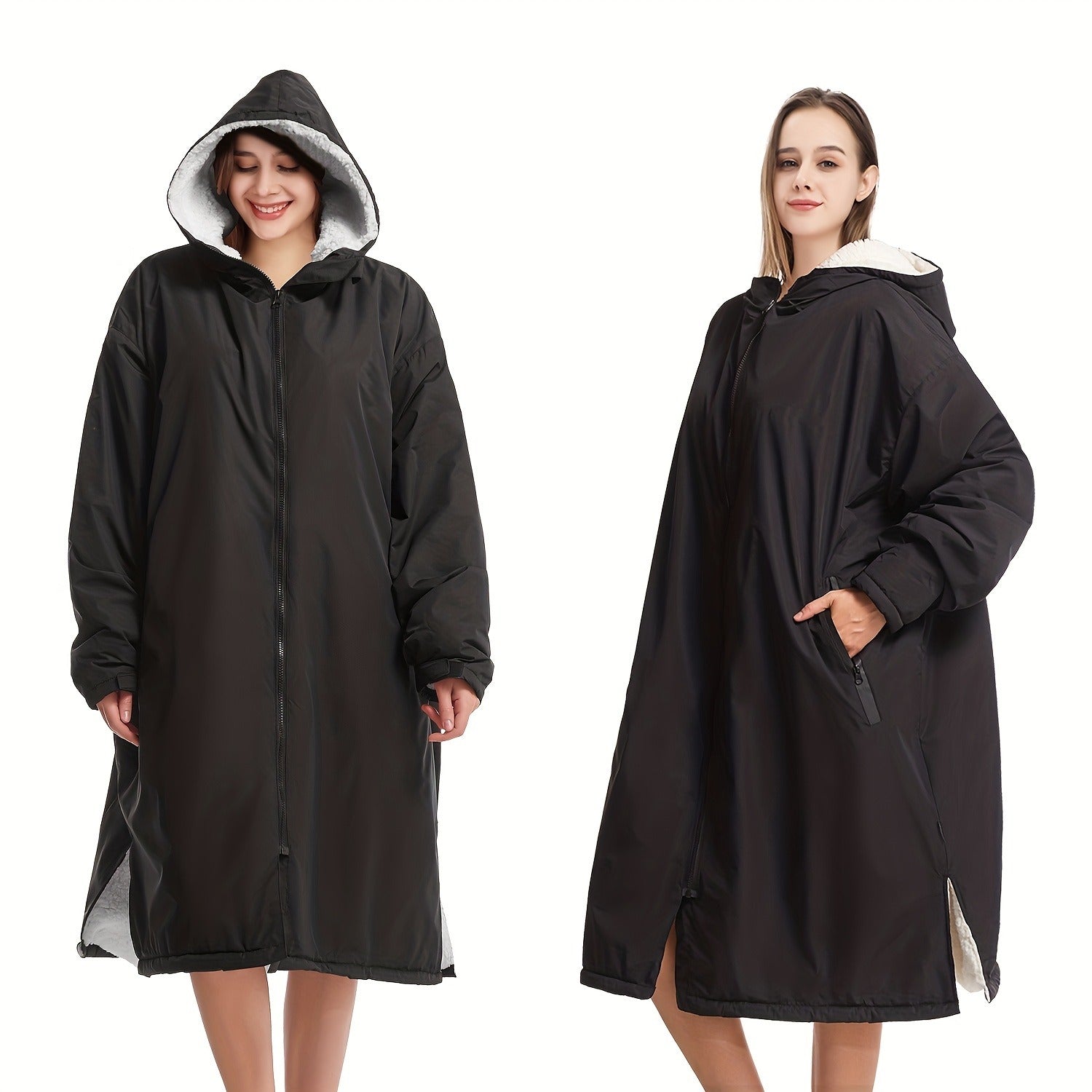 Changing Robe Fleece Lined Hooded – Long Sleeve Windproof Warm Surf Poncho for Swimming, Surfing, Diving, Camping & Hiking – 43.3x31.5in, 4 Colors: Navy, Black, Red, Blue
