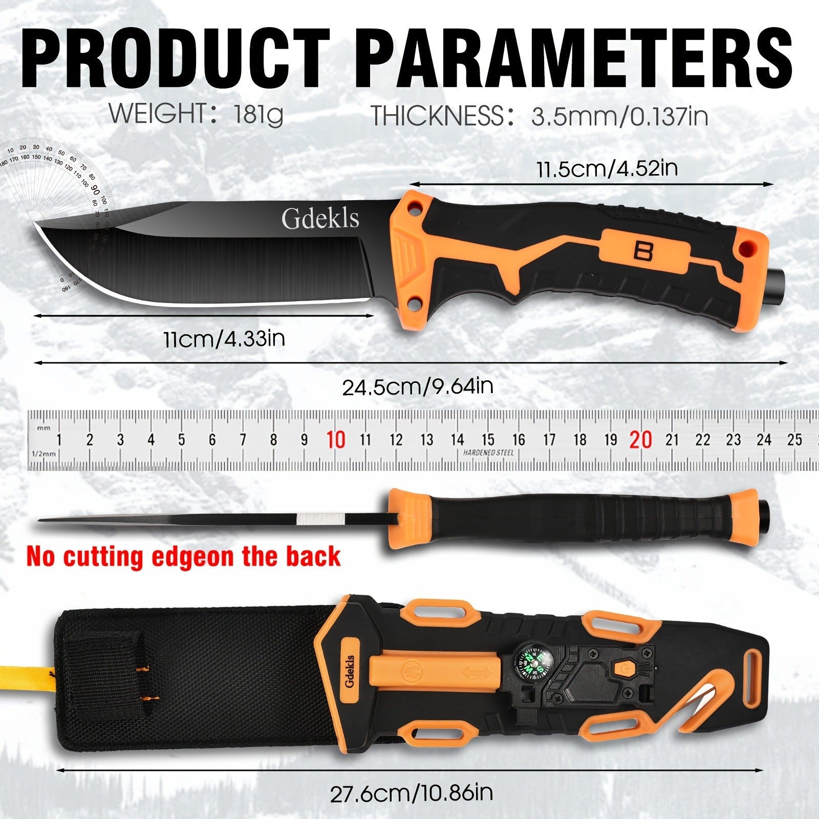 Fixed Blade Outdoor Camping Knife 9.64 Inch Stainless Steel, Survival Hunting Knife with Flint Fire Starter Night Light Sharpener Safety Sheath, Non-Slip Ambidextrous Handle for Hiking Mountaineering Adventure