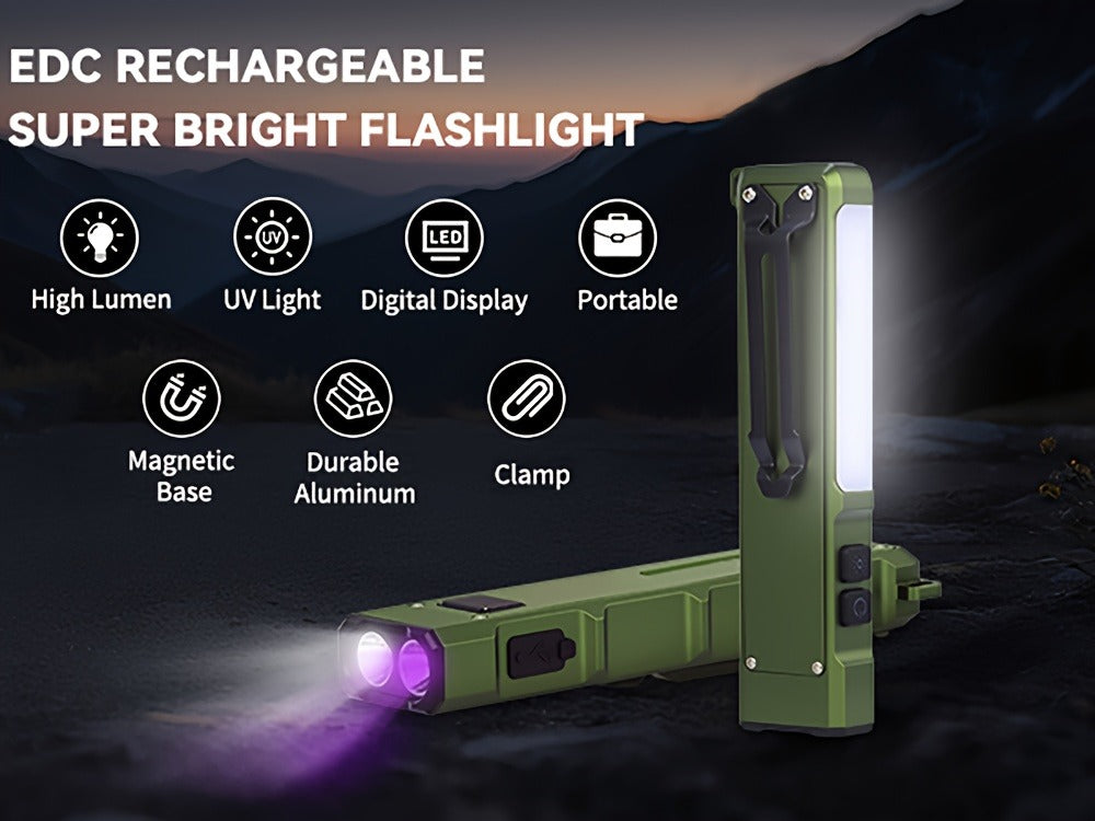 Magnetic LED Flashlight 9 Modes UV Side Light Digital Display 1500mAh Rechargeable Aluminum Torch for Home Emergency Camping