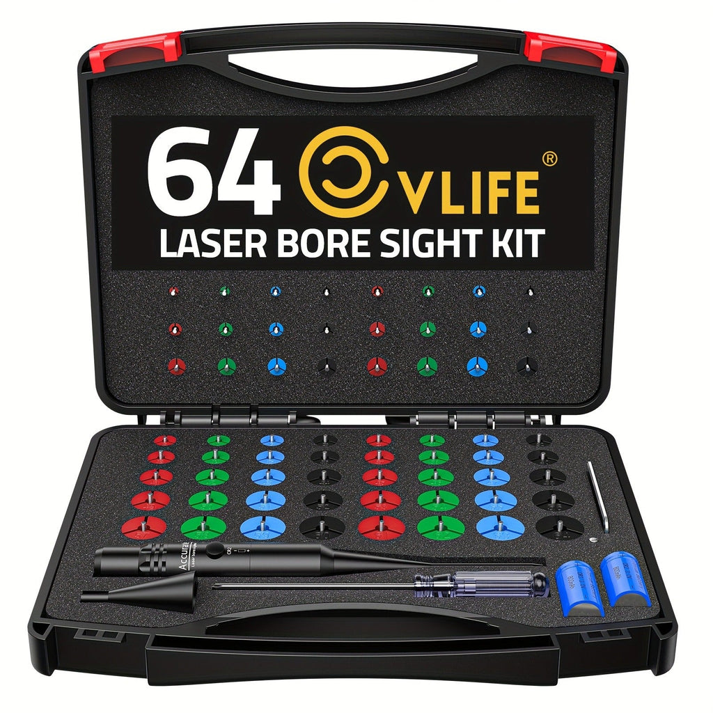 Red Laser Bore Sight Kit with 64 Adapters | Professional Multi-Caliber Boresighter for .17 to 12GA Rifles, Pistols & Handguns – Color-Coded Adapters, 40-Hour Battery & Portable Case Included