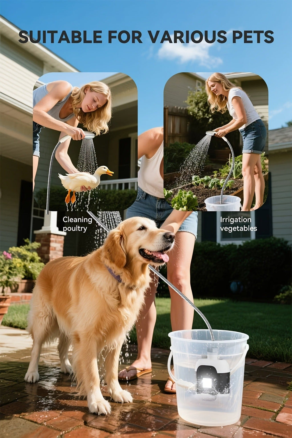Portable Outdoor Shower with Light 2-in-1 – 2000mAh Rechargeable, Power Display, Spray Nozzle, Hose & Suction Cup – Camping, Hiking, Pet Bathing & Car Cleaning Shower Pump