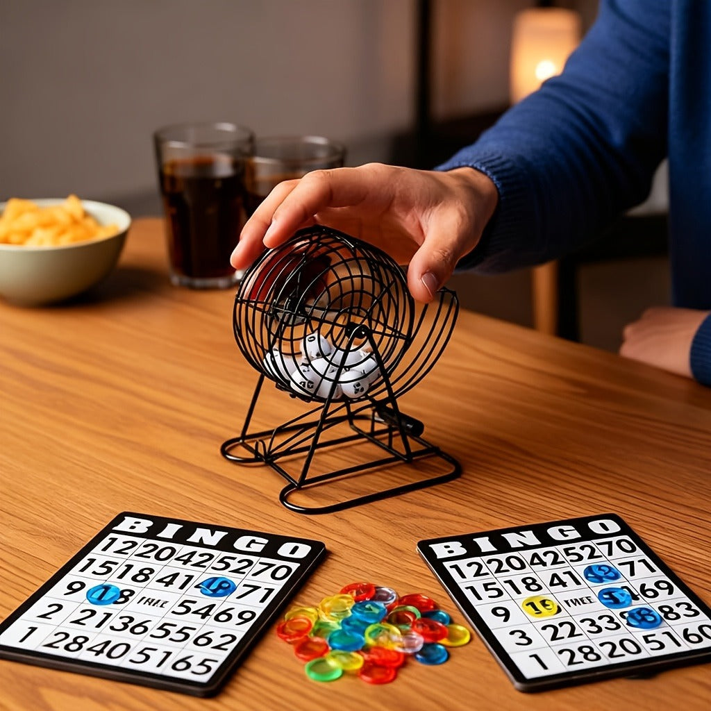 Deluxe Bingo Game Set with Stainless Steel Metal Cage | Includes Bingo Balls Cards & Colorful Chips | Classic Family Board Game for Game Nights Parties and Large Groups