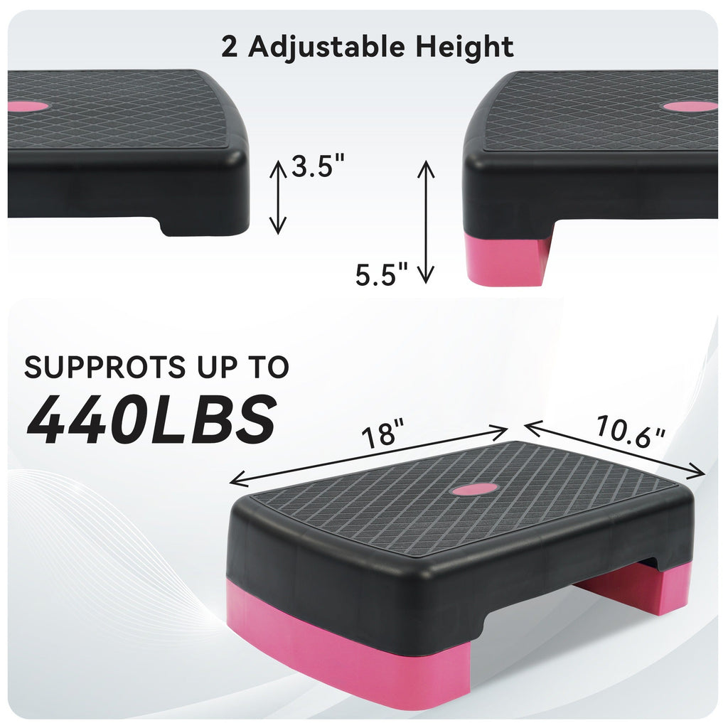 Aerobic Step Platform Adjustable Height with 2 Risers – Non-Slip Workout Stepper 18"x11", 440 LB Capacity, Space-Saving Design for Home Gym Cardio, Strength & Toning, 4 Color Options
