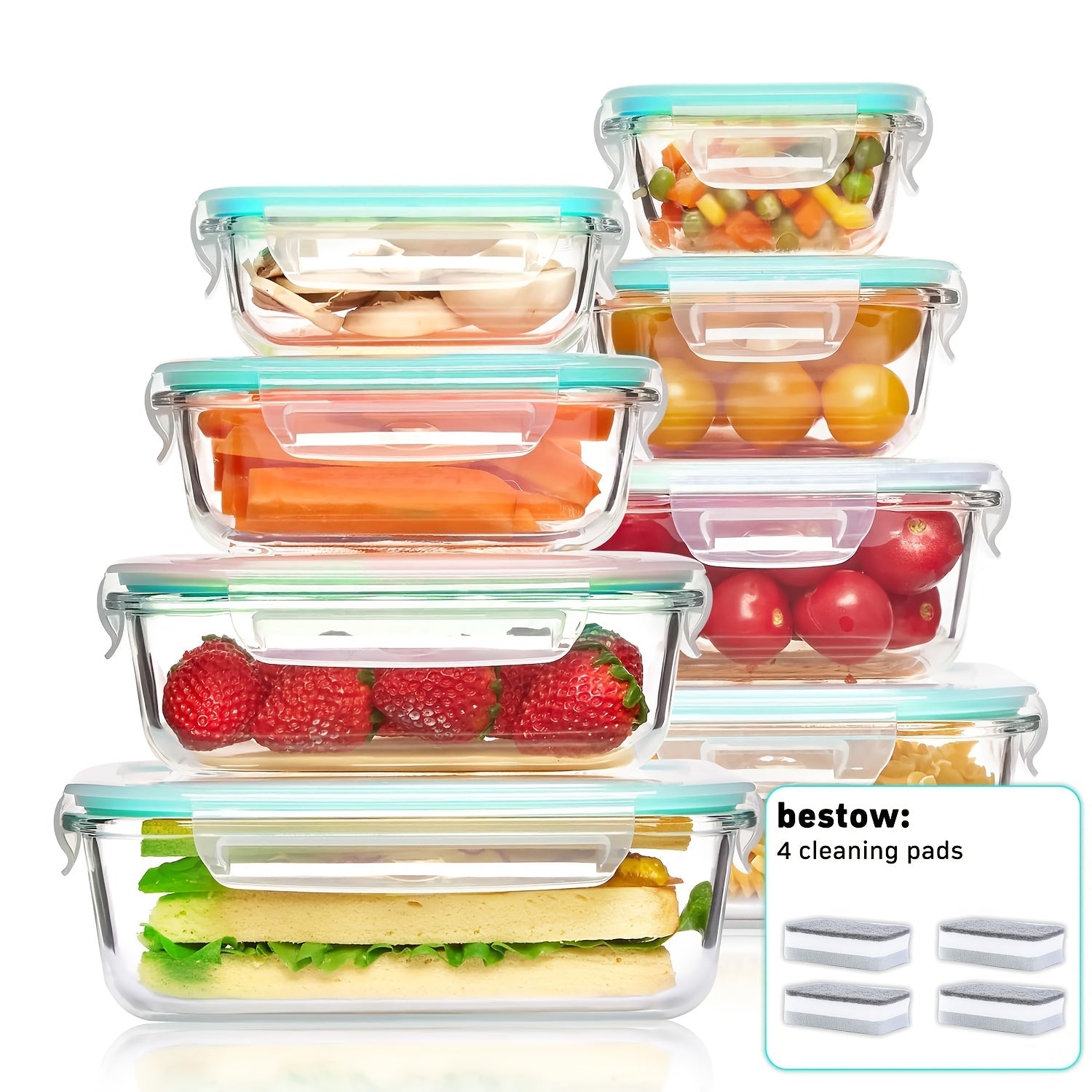 Glass Food Storage Containers 16pcs Airtight Set with Lids – Microwave & Oven Safe, BPA-Free, Leak-Proof Meal Prep Containers for Salads, Fruits, Vegetables & Sandwiches, Outdoor Picnic Lunch Box, Includes Cleaning Pads (Standard & Large Size)