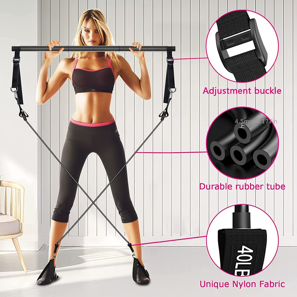 3-Section Pilates Bar Kit – 4 TPE Resistance Bands (40-50 lbs), 2 Ankle Straps & Storage Bag for Legs, Hips, Waist & Arm Yoga Stretching Fitness