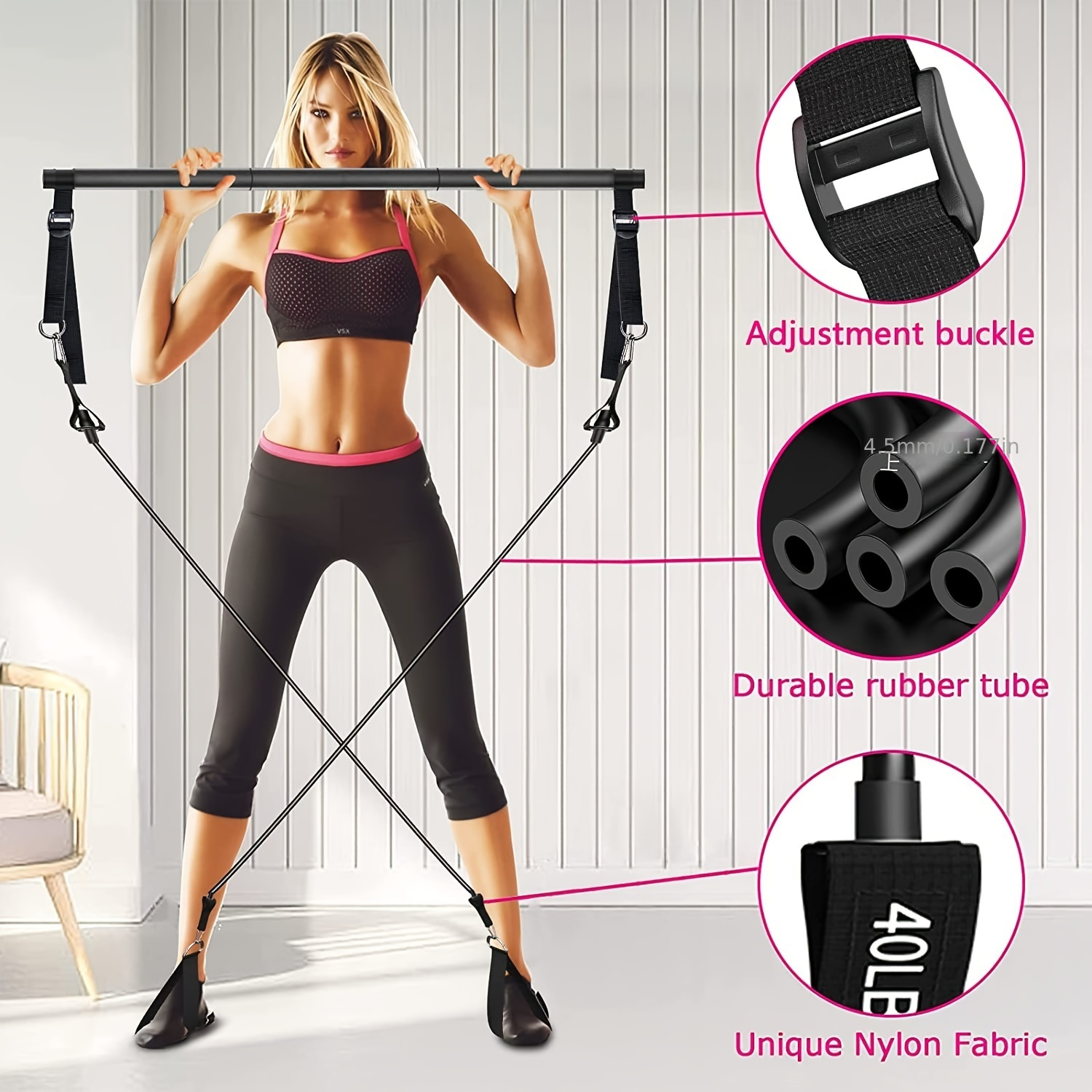 3-Section Pilates Bar Kit – 4 TPE Resistance Bands (40-50 lbs), 2 Ankle Straps & Storage Bag for Legs, Hips, Waist & Arm Yoga Stretching Fitness