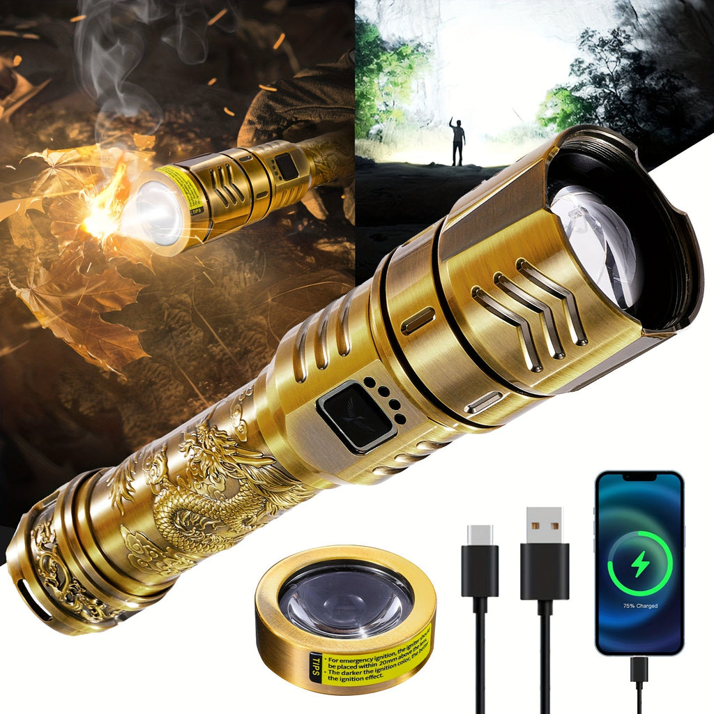 Rechargeable Flashlight 4000mAh - 1000 Lumen Dragon Pattern LED Torch, Zoomable Beam, Fire Starter Lens, 4 Modes, Aluminum Alloy for Camping, Outdoor & Emergency Use