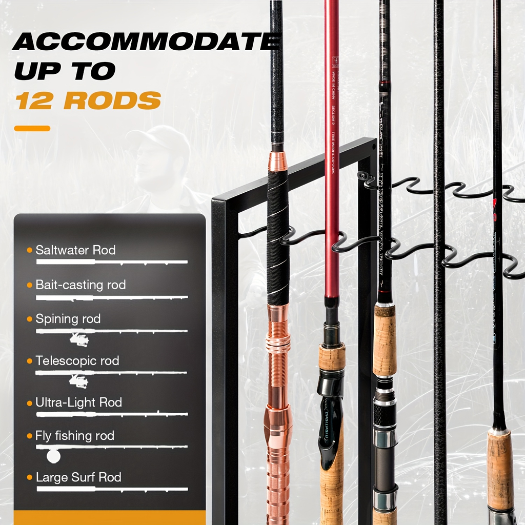 Fishing Rod Holder Rack Rotating Tackle Storage Cart Iron Wood Holds 10 to 12 Rods Garage Fishing Pole Organizer with Wheels Fishing Gear Gift for Men and Women Father Mother