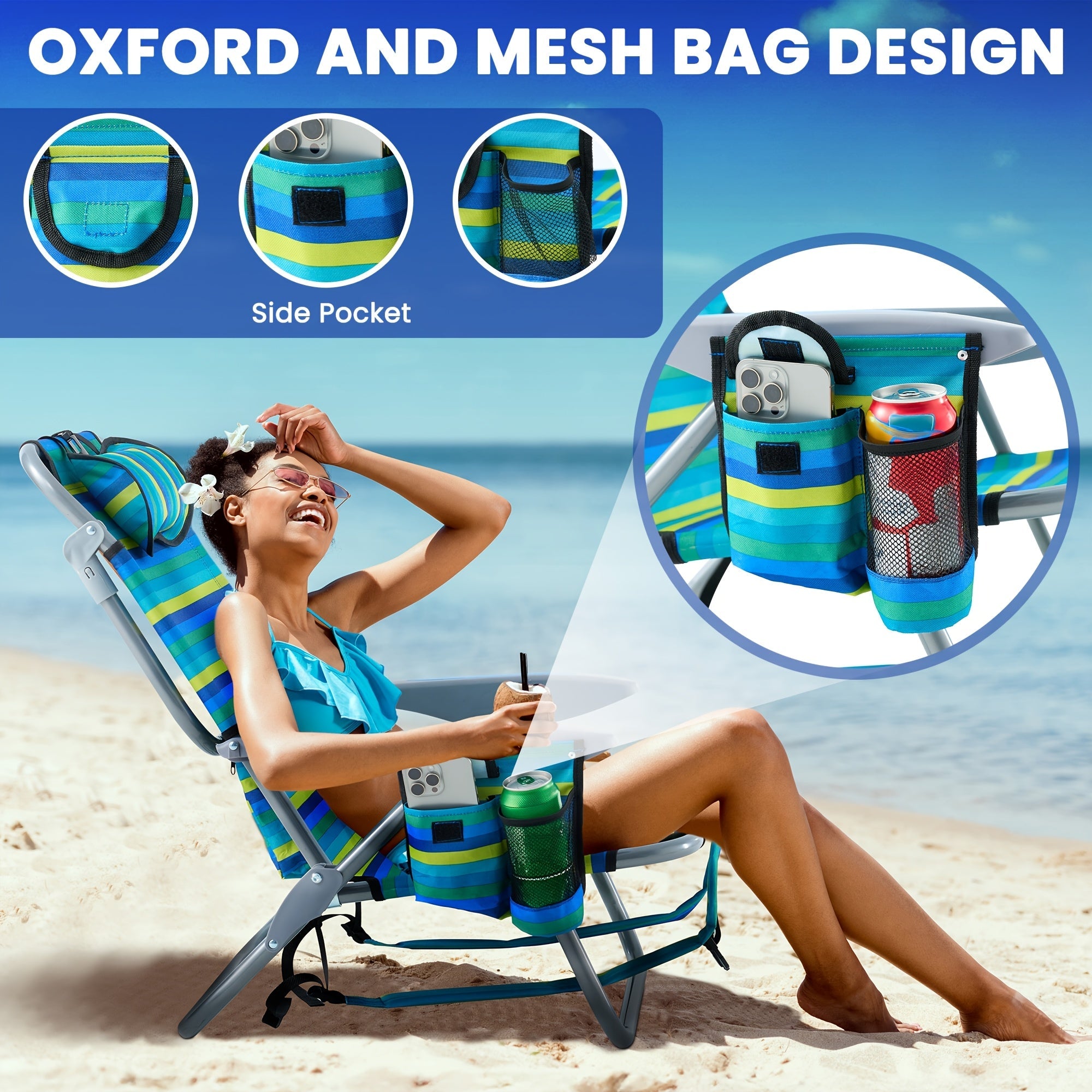 Folding Beach Chair Lay Flat Camping Chair for Adults 4 Position Adjustable Backpack Chair with Cup Holder Towel Bar Cooler Pouch Lightweight Portable Outdoor Lounge Chair