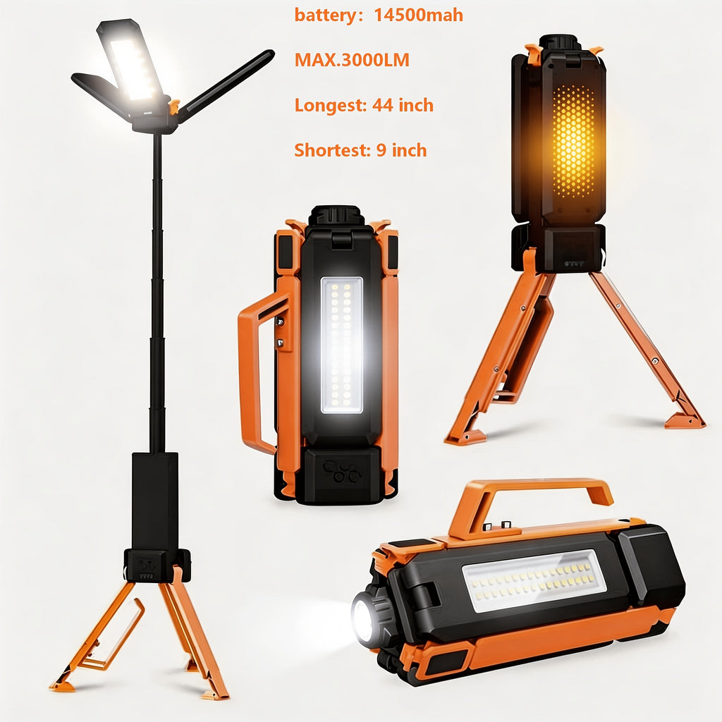 LED Camping Lantern with Tripod Stand, 6000/14500mAh Rechargeable Work Light, 10 Light Modes, 3 Height Adjustments, USB Powered Portable Outdoor Flashlight for Camping, Emergency & Courtyard Use