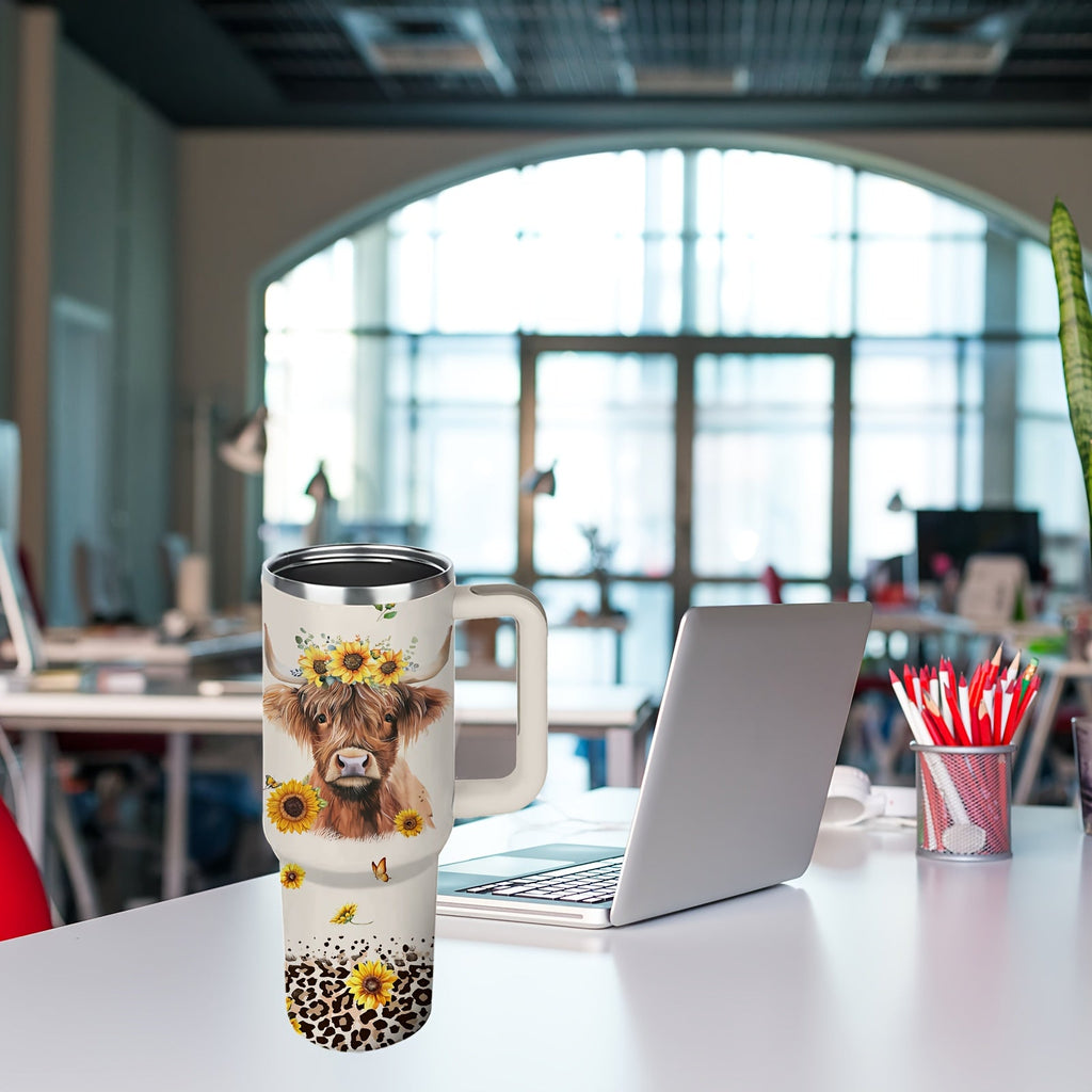 40oz Stainless Steel Tumbler with Handle and Lid - Cow Print Insulated Travel Cup for Hot & Cold Drinks, Double Wall Vacuum Tumbler for Camping, Sports & Outdoor Use, Cute Cow Lover Gift for Birthday & Holiday